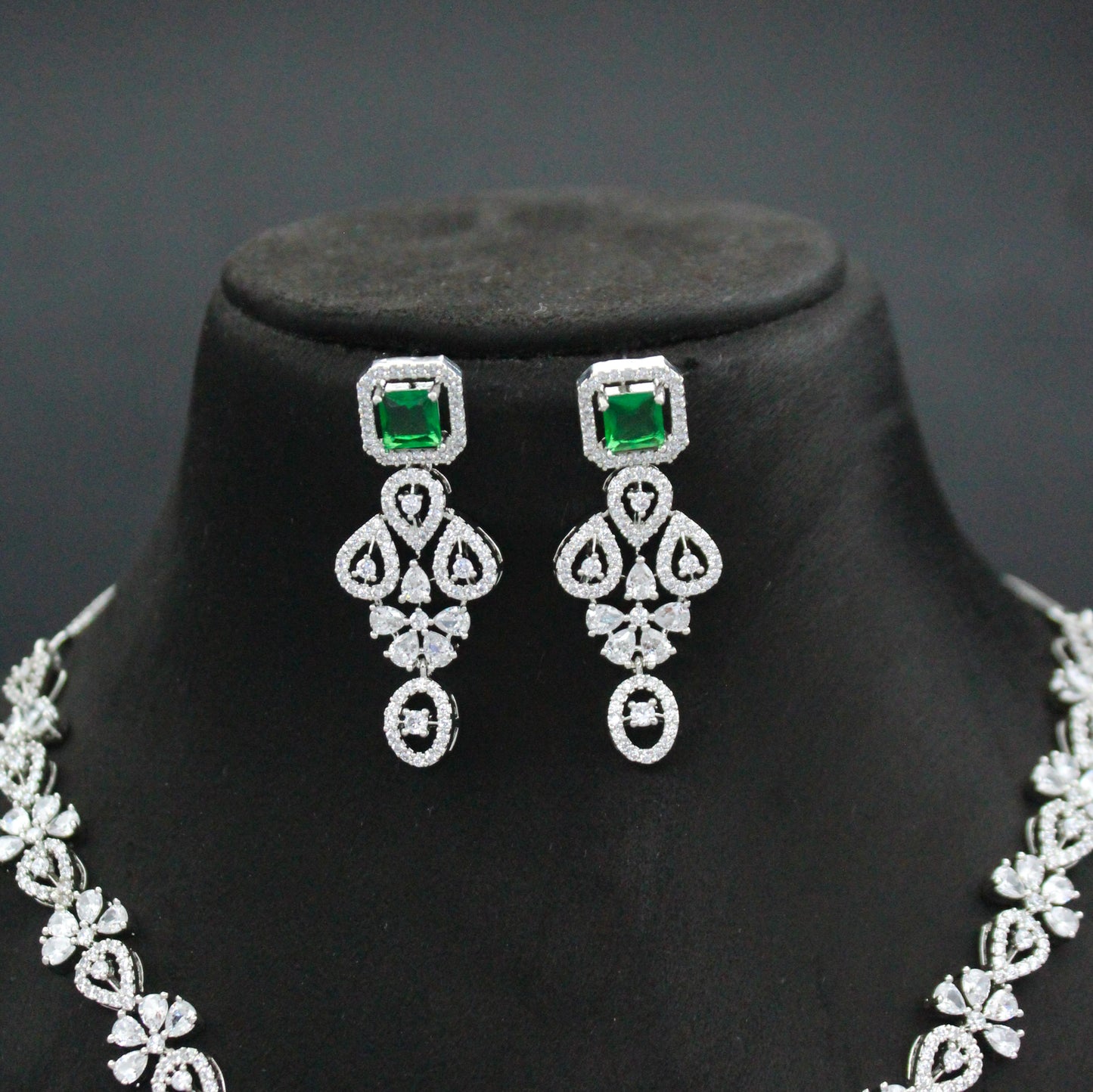 Platinum Dark Green Fancy Hanging Short Necklace Set with Pushback Earrings SP-40596