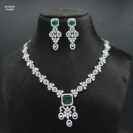 Platinum Dark Green Fancy Hanging Short Necklace Set with Pushback Earrings SP-40596