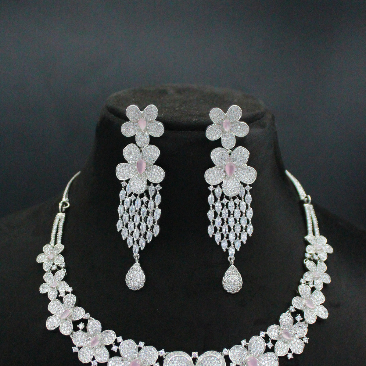 Platinum Mint Pink Floral Short Necklace Set with Pushback Earrings SP-16140