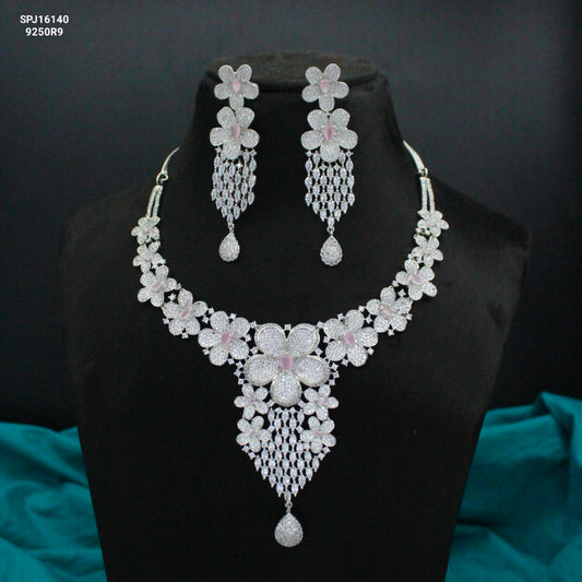 Platinum Mint Pink Floral Short Necklace Set with Pushback Earrings SP-16140