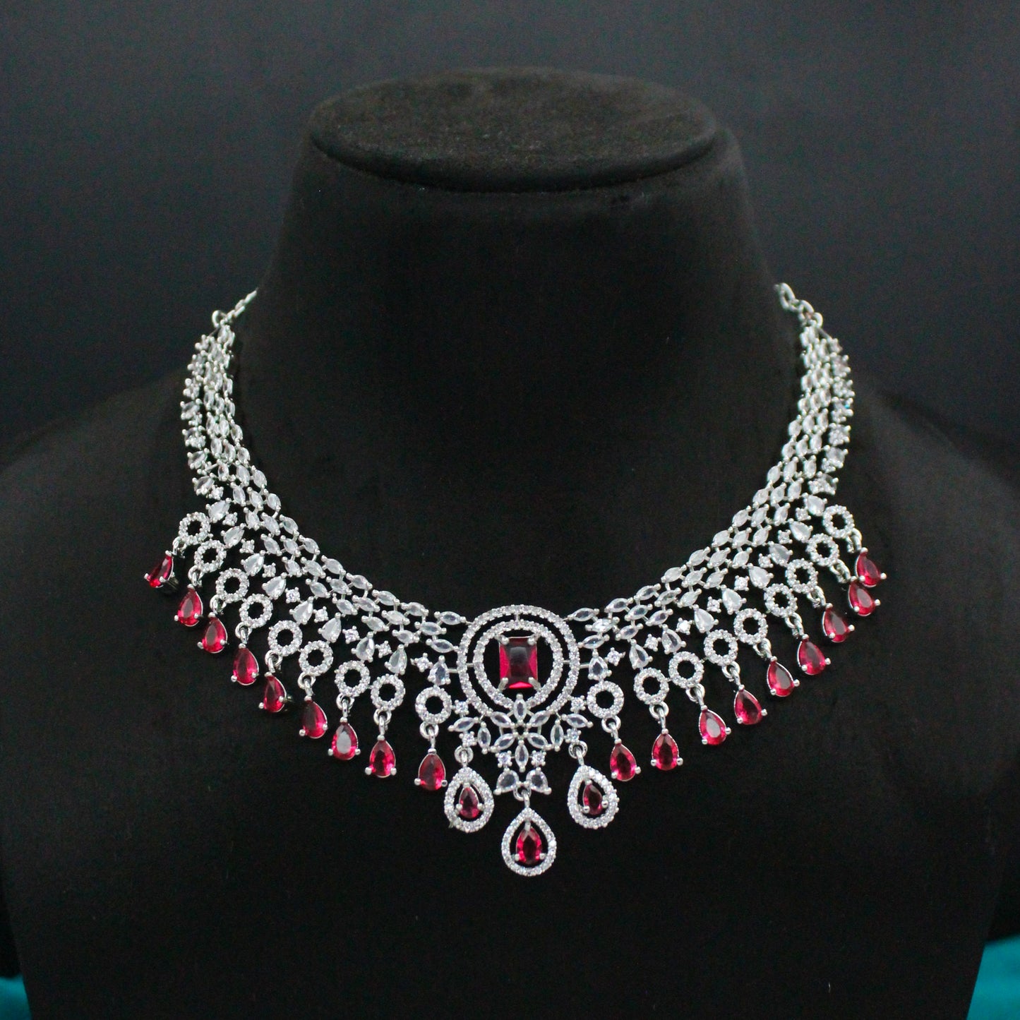 Platinum Short Necklace with Stone Hangings Red 37581
