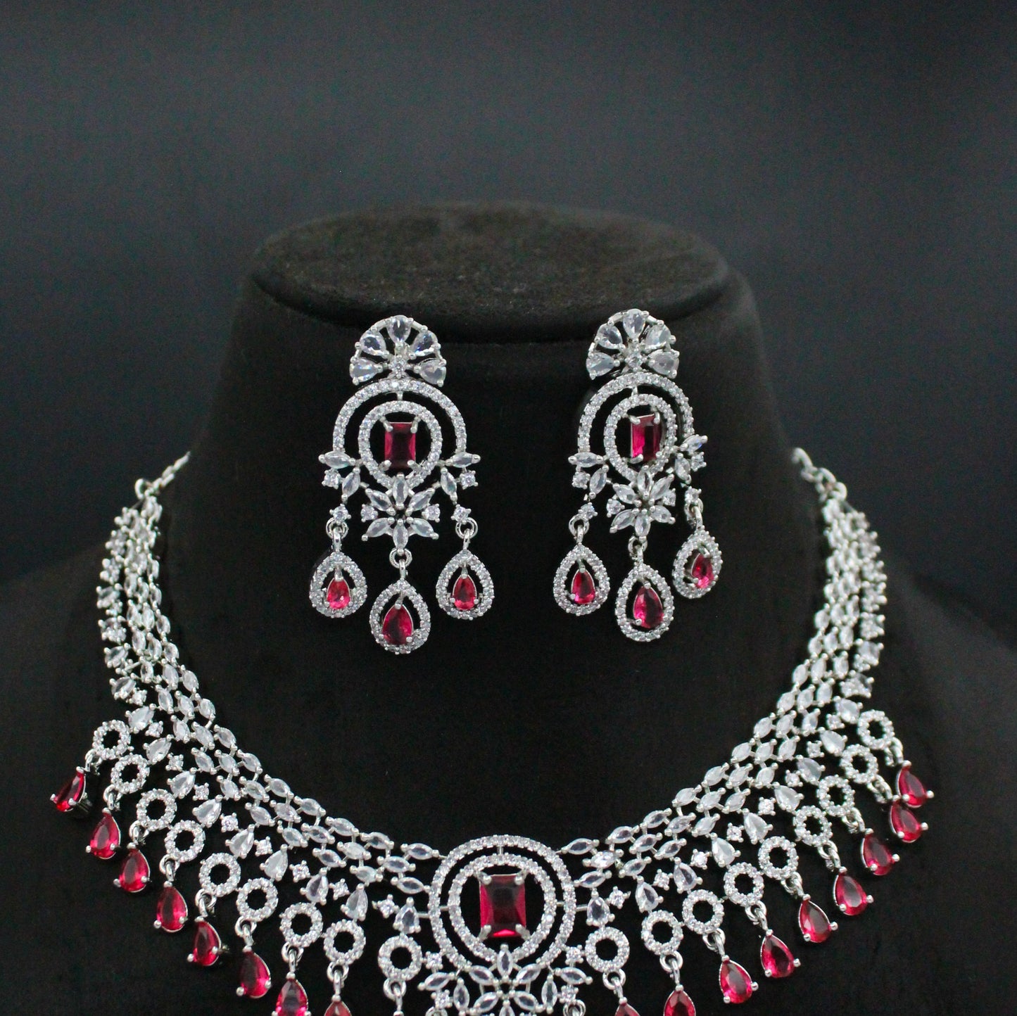 Platinum Short Necklace with Stone Hangings Red 37581