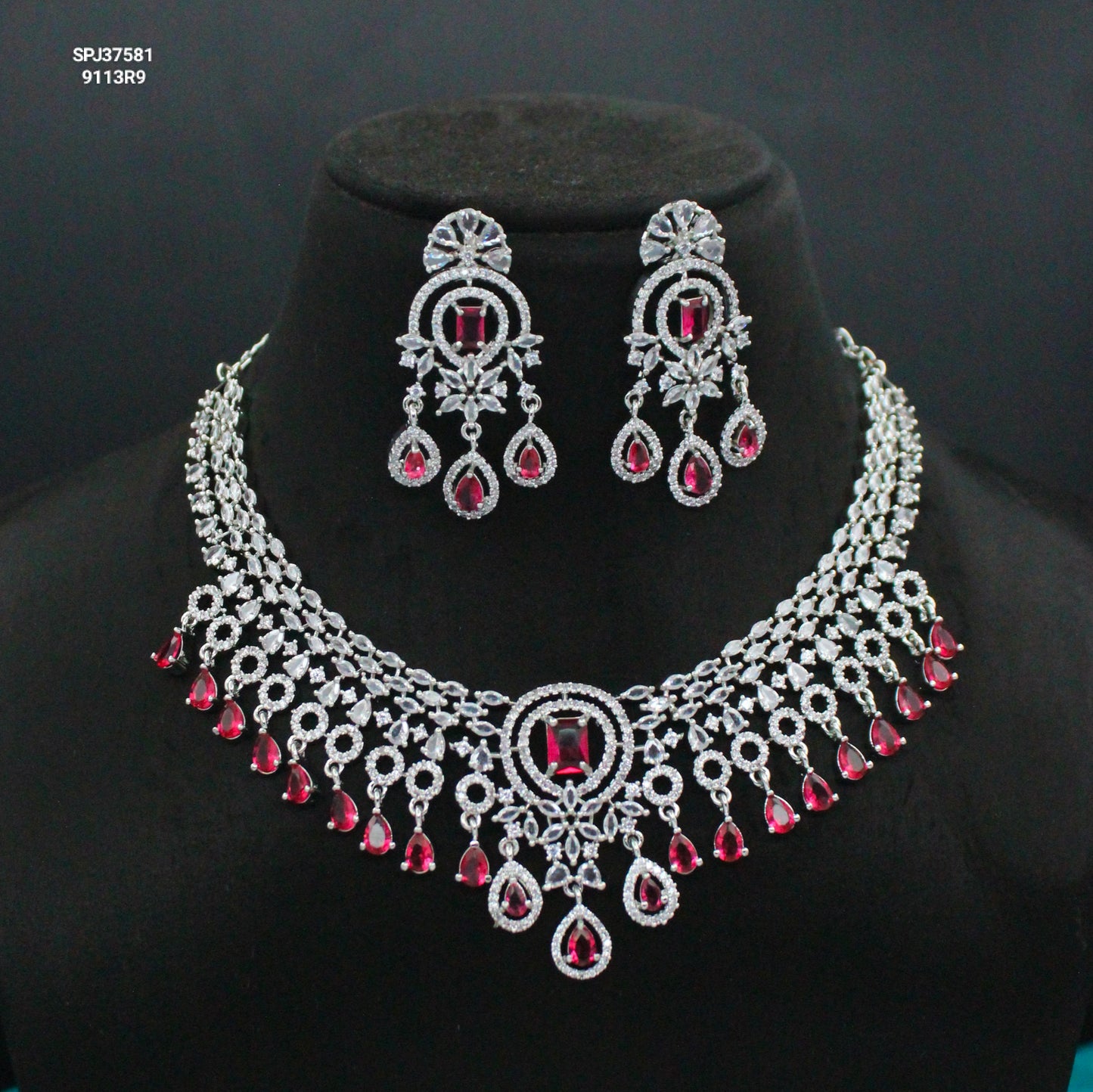 Platinum Short Necklace with Stone Hangings Red 37581