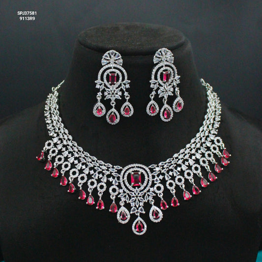 Platinum Red Stone Short Necklace with Hangings SP-37581