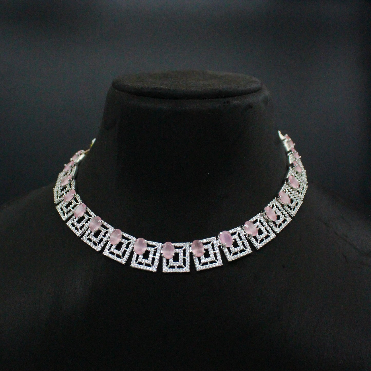 Platinum Short Mint Pink Necklace Set With Push Back Earrings 16284