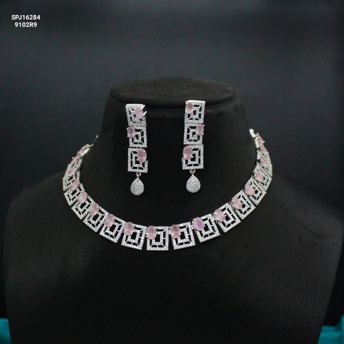 Platinum Short Mint Pink Necklace Set With Push Back Earrings 16284