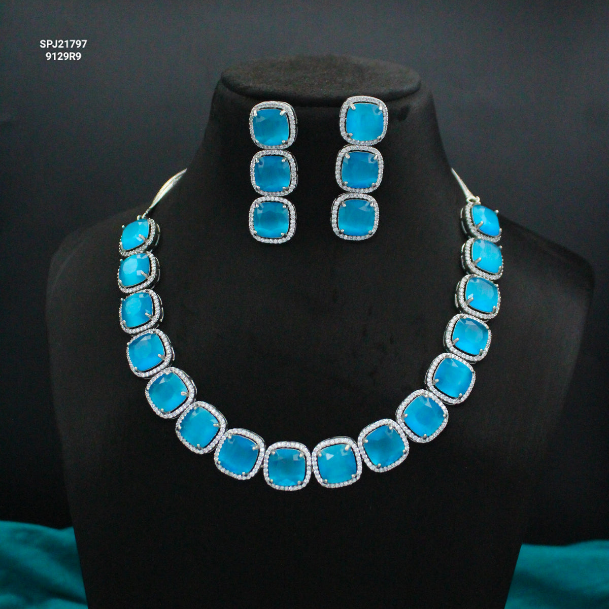 Platinum Blue Big Stone Short Necklace Set with Pushback Earrings SP-21797