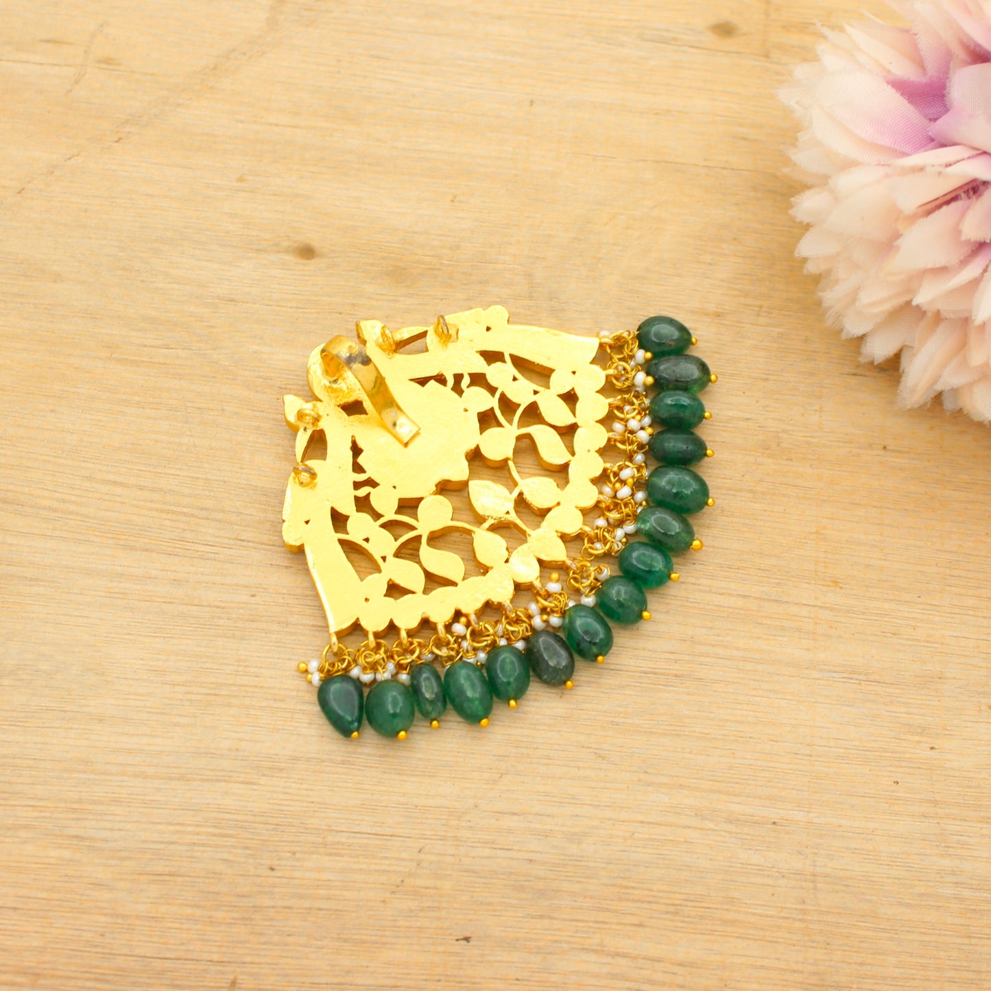 Jadau Kundan Peacock White Pendant With Green Beads & Openable Hook 42840