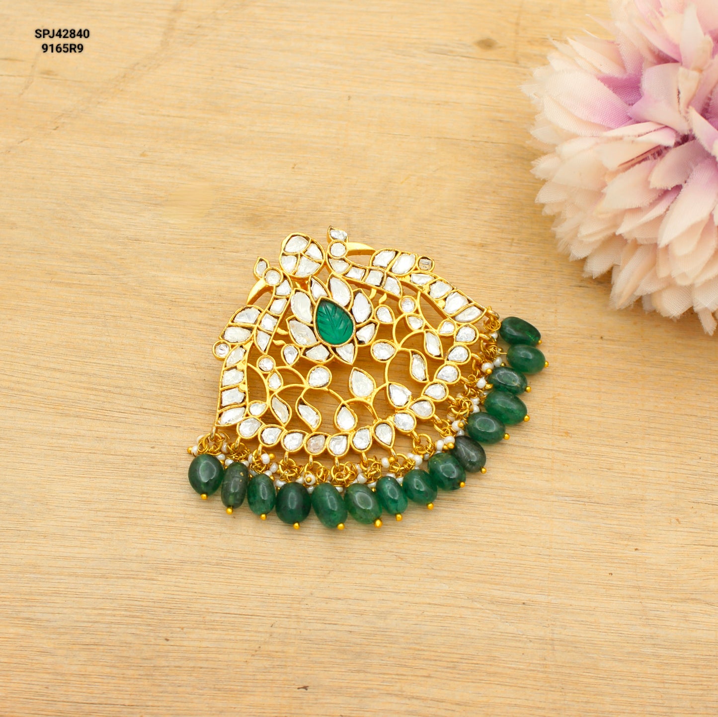 Jadau Kundan Peacock White Pendant With Green Beads & Openable Hook 42840