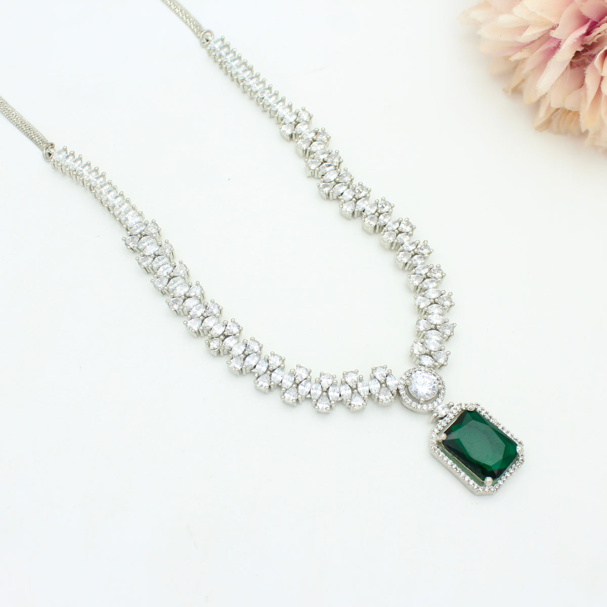 Platinum Dark Green Square Stone Short Necklace SP-21926