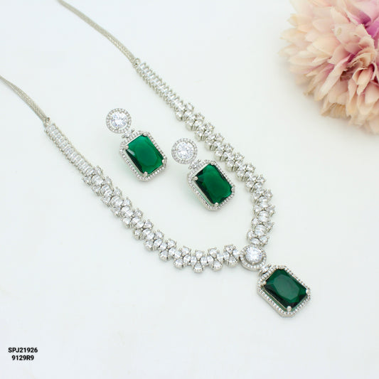 Platinum Dark Green Square Stone Short Necklace SP-21926