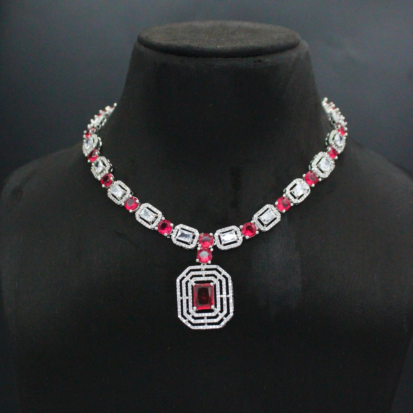 Red Platinum Square Stone Short Necklace Set With Push Back Earrings  26931
