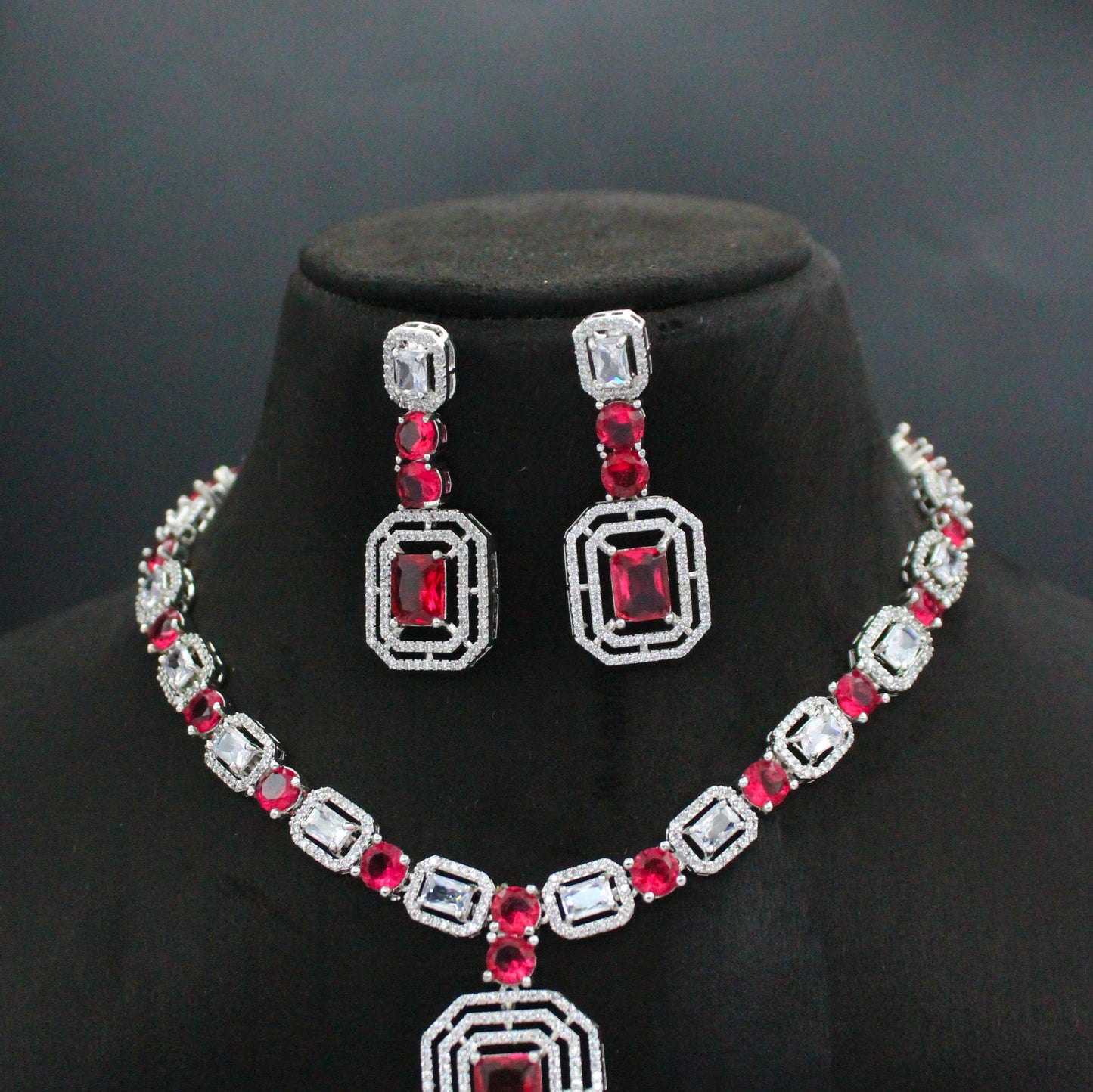 Red Platinum Square Stone Short Necklace Set With Push Back Earrings  26931