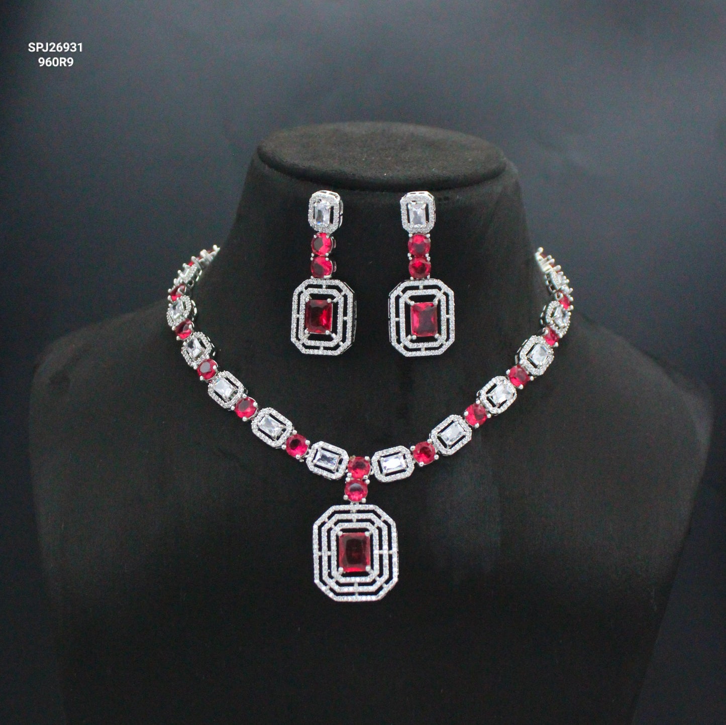 Red Platinum Square Stone Short Necklace Set With Push Back Earrings  26931