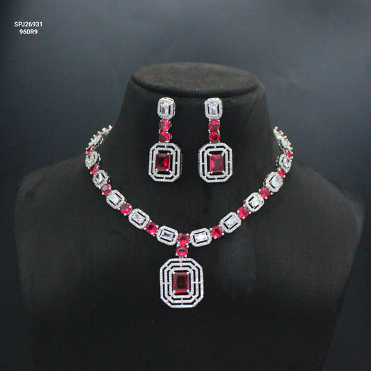 Red Platinum Square Stone Short Necklace Set With Push Back Earrings  26931