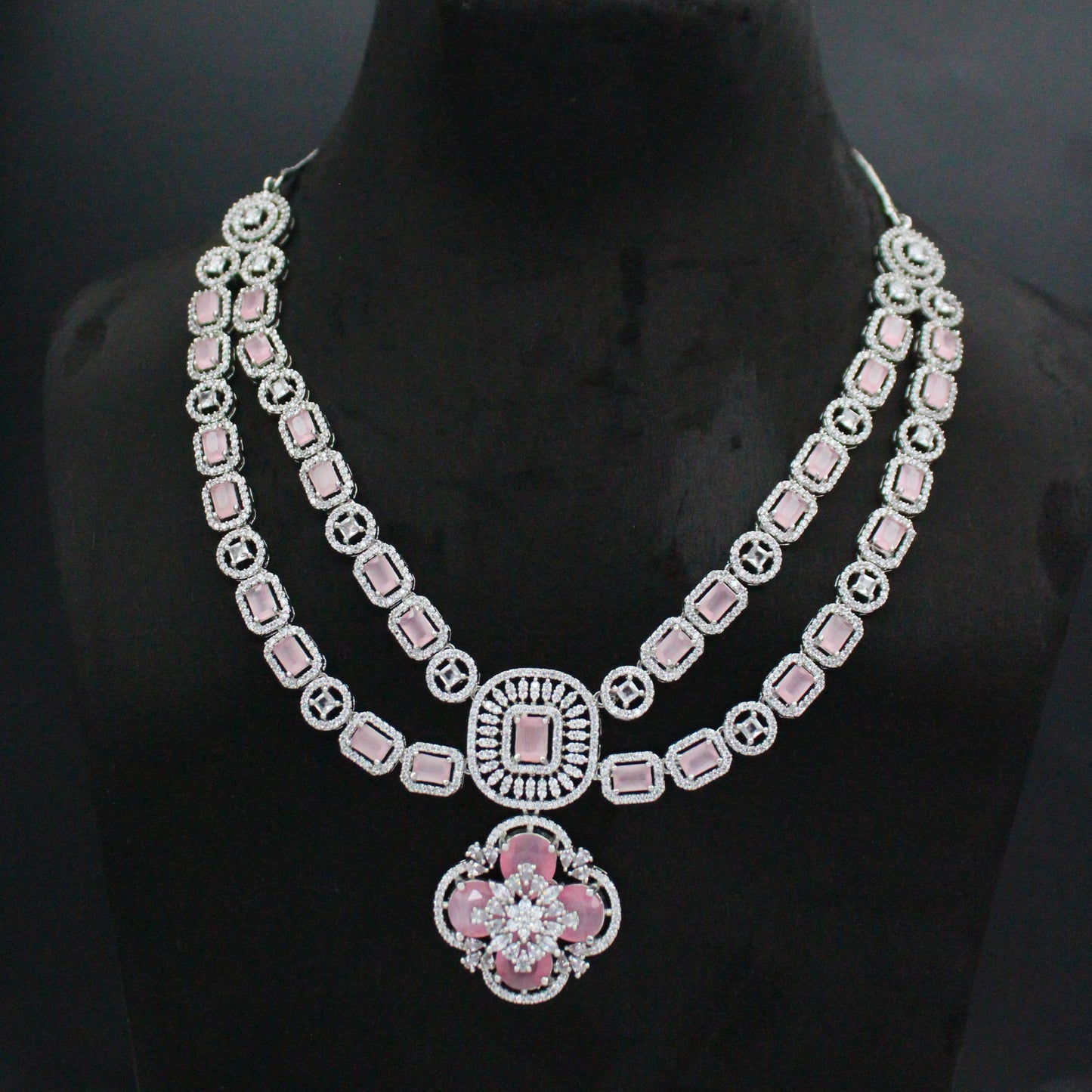 Platinum Mint Pink Short Floral Necklace Set With Maangtikka and Earrings 13050