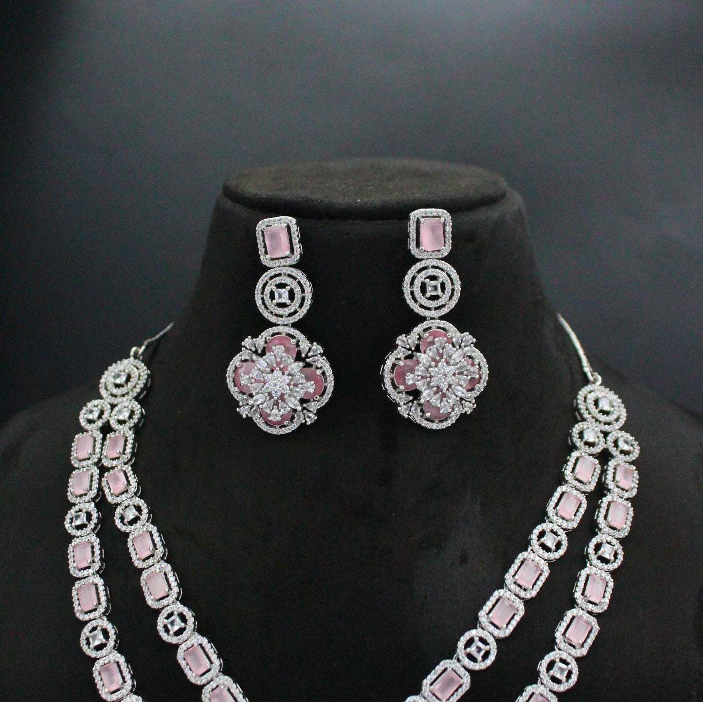 Platinum Mint Pink Short Floral Necklace Set With Maangtikka and Earrings 13050