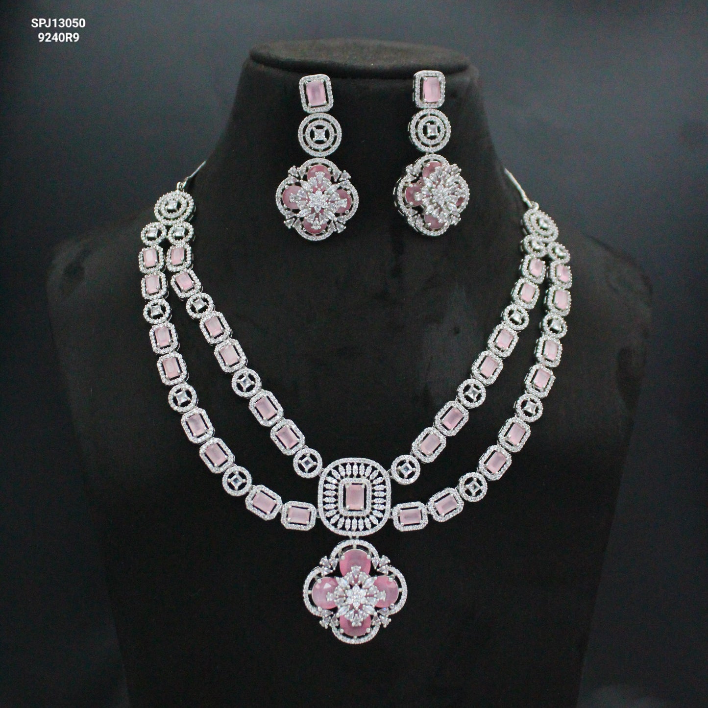 Platinum Mint Pink Short Floral Necklace Set With Maangtikka and Earrings 13050