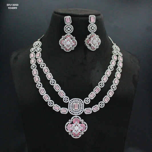 Platinum Mint Pink Short Floral Necklace Set With Maangtikka and Earrings 13050
