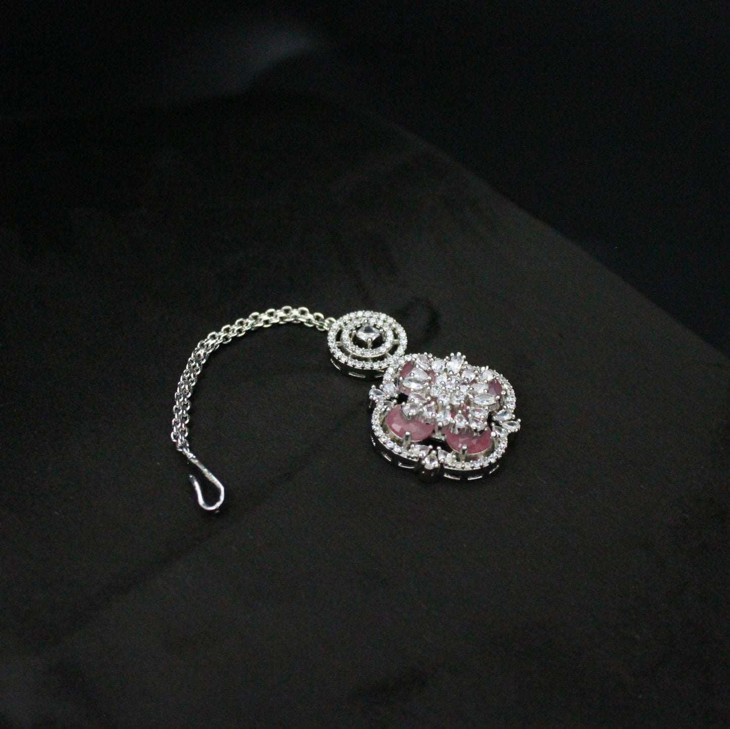 Platinum Mint Pink Short Floral Necklace Set With Maangtikka and Earrings 13050