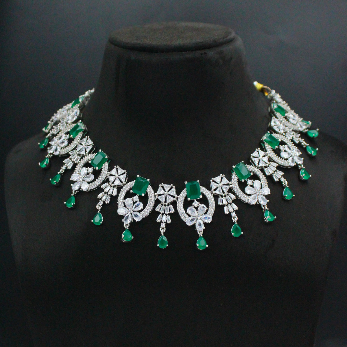 Platinum Dark Green Short Necklace Set with Earrings, Maang Tikka & Finger Ring SP-16520