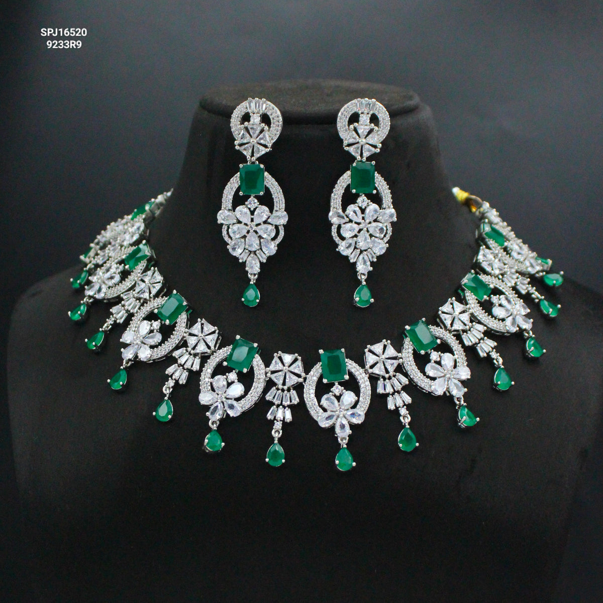 Platinum Dark Green Short Necklace Set with Earrings, Maang Tikka & Finger Ring SP-16520