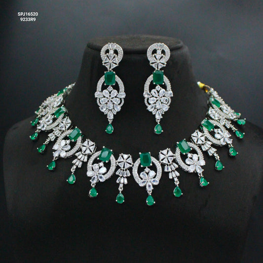 Platinum Dark Green Short Necklace Set with Earrings, Maang Tikka & Finger Ring SP-16520