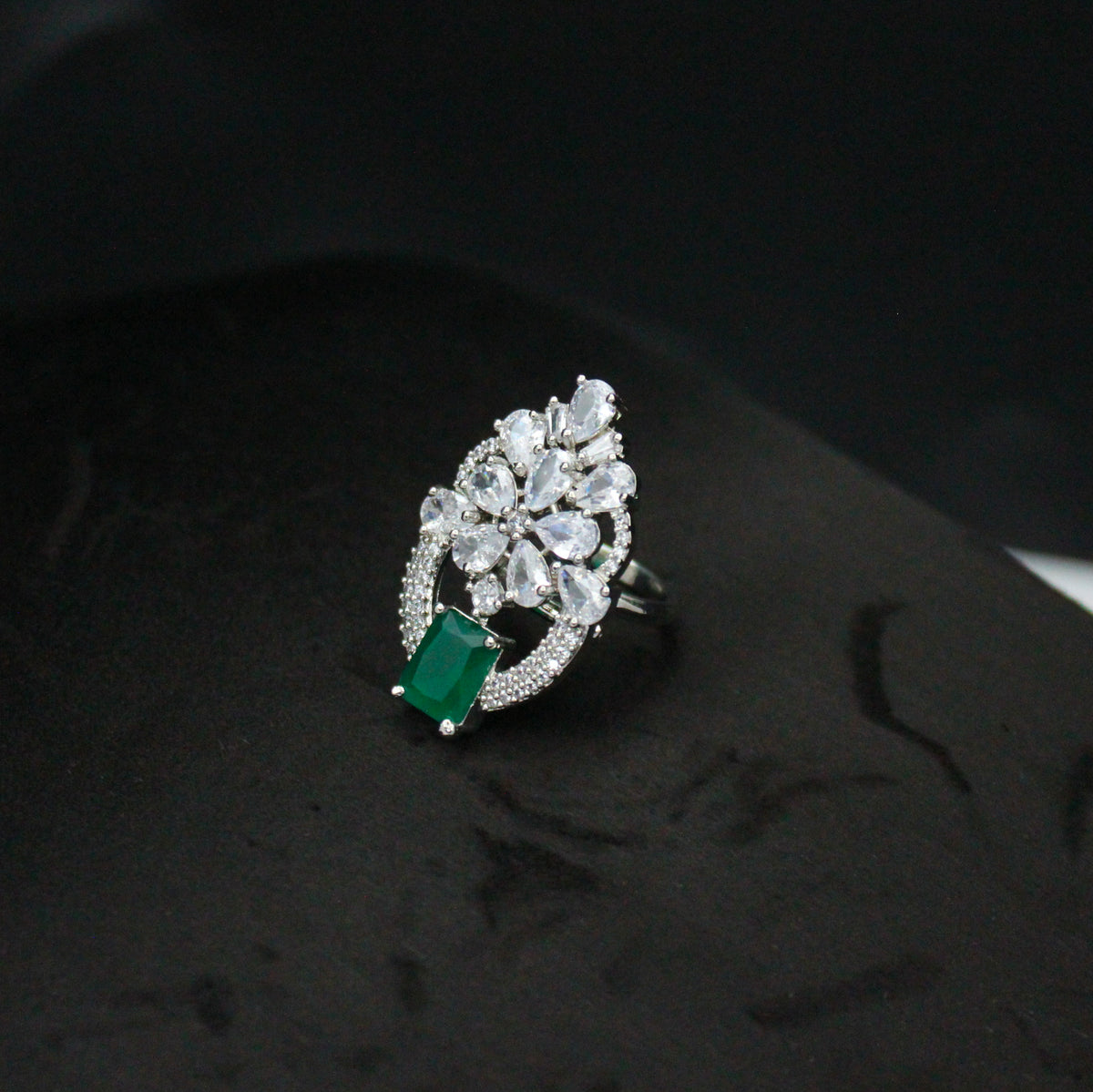 Platinum Dark Green Short Necklace Set with Earrings, Maang Tikka & Finger Ring SP-16520