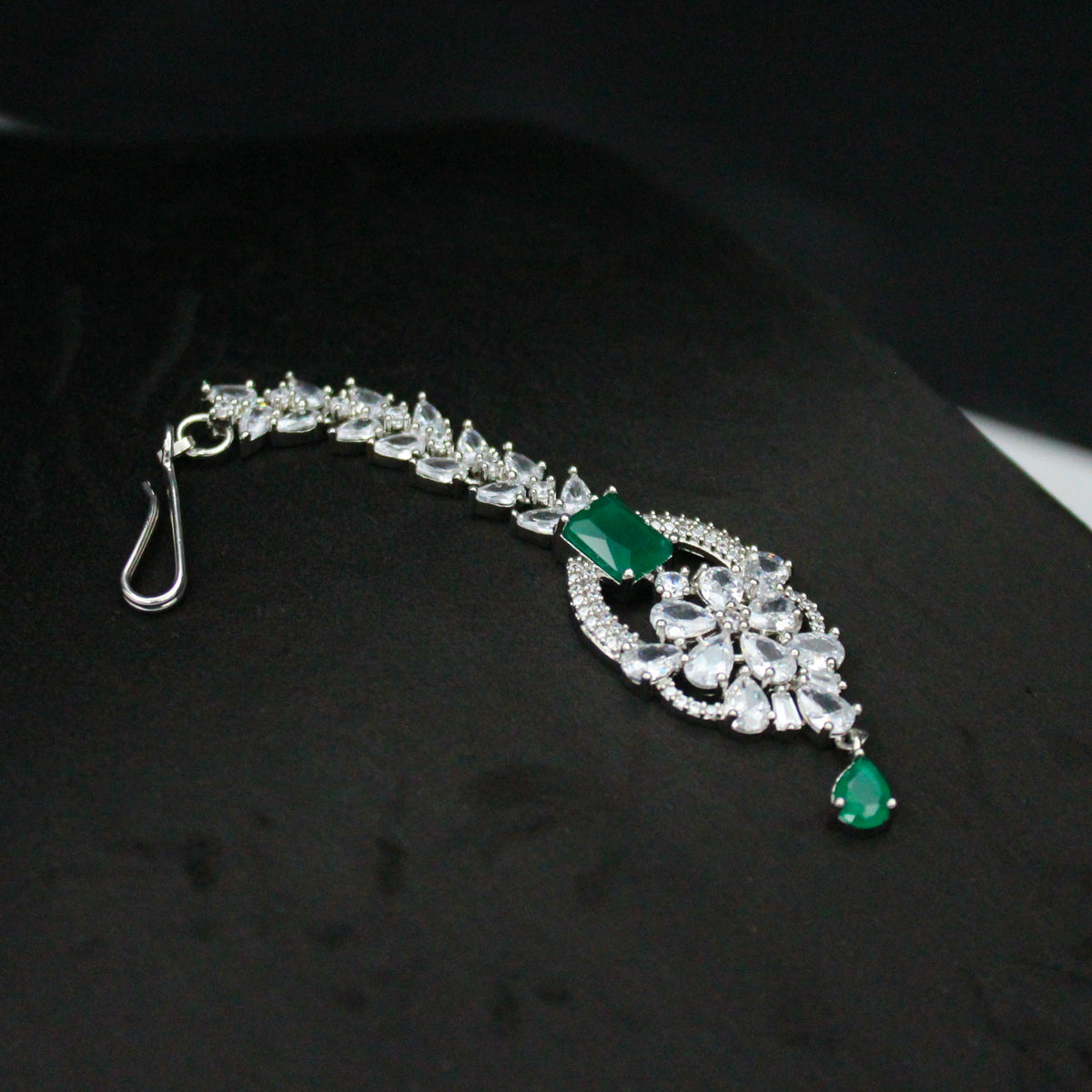 Platinum Dark Green Short Necklace Set with Earrings, Maang Tikka & Finger Ring SP-16520