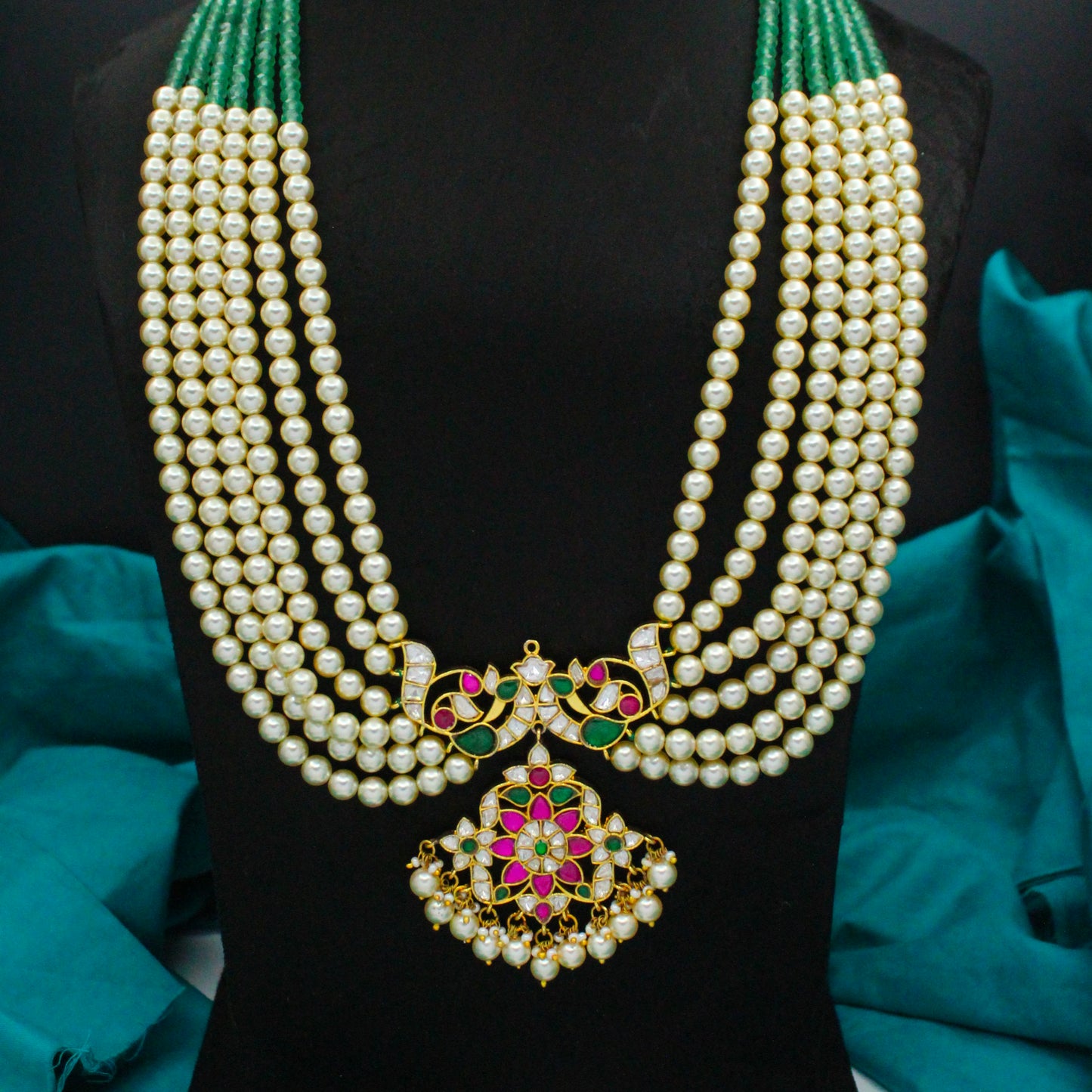 Jadau Kundan Multi Pendant And Pearl Haram Long 42841