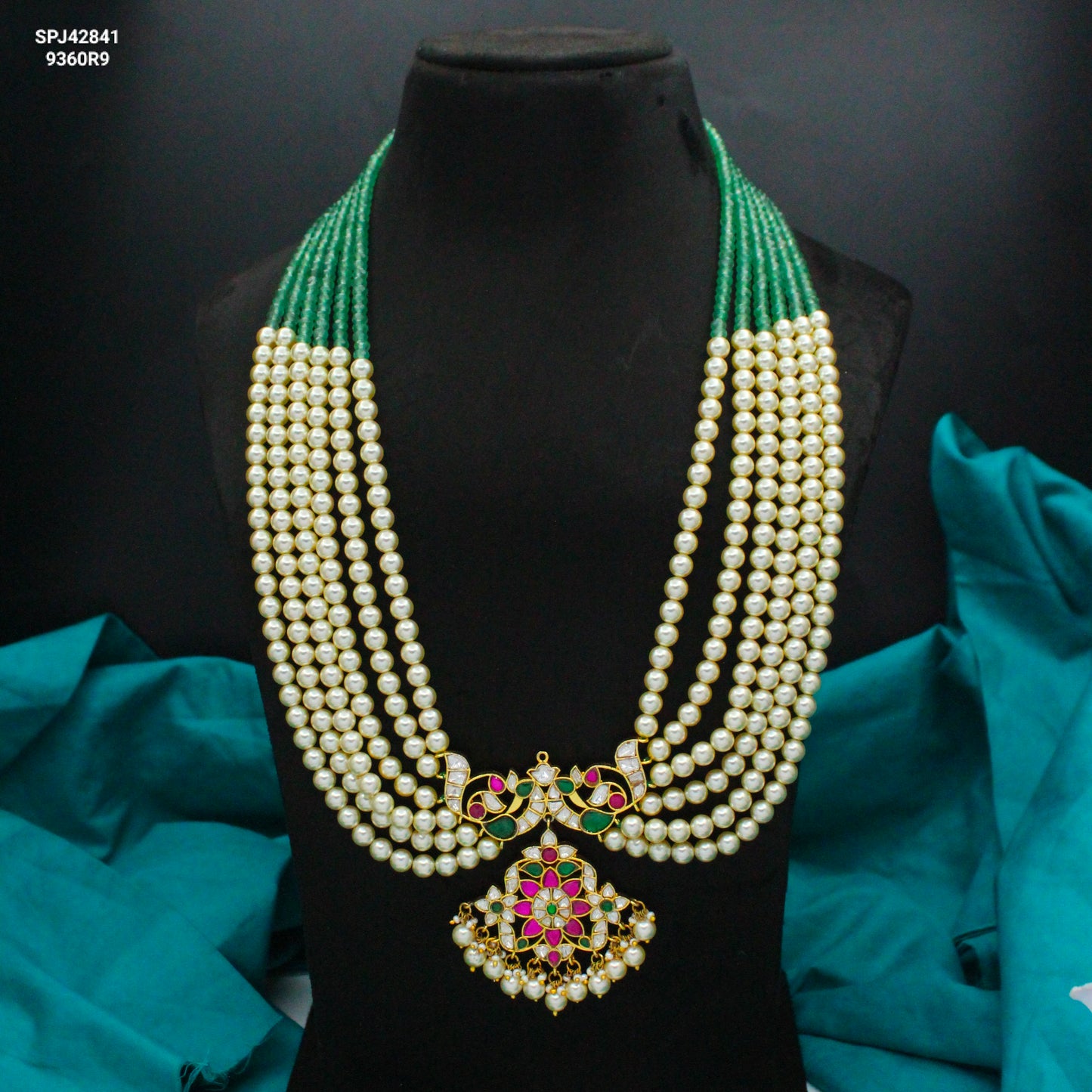 Jadau Kundan Multi Pendant And Pearl Haram Long 42841