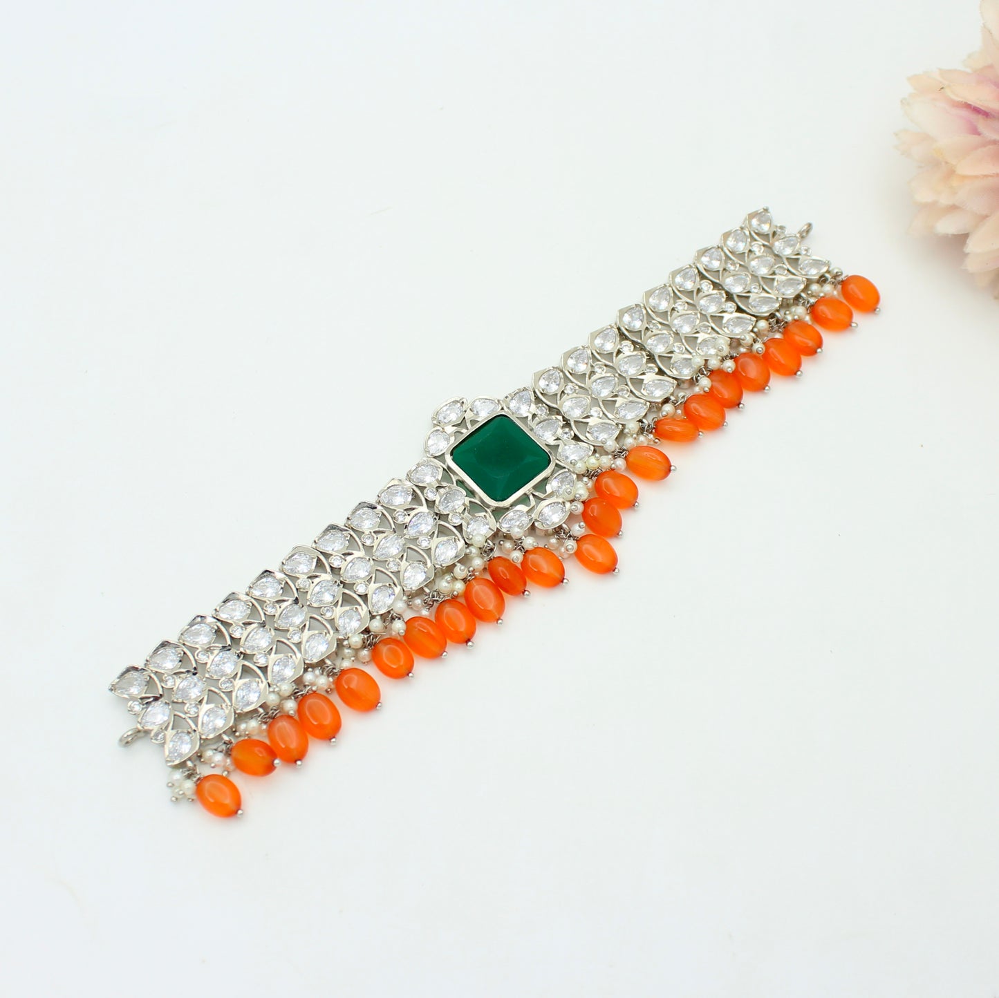 Platinum Green Stone Choker with Orange Beads & Pushback Earrings SP-1730