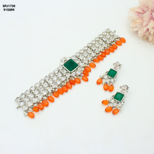 Platinum Green Stone Choker with Orange Beads & Pushback Earrings SP-1730