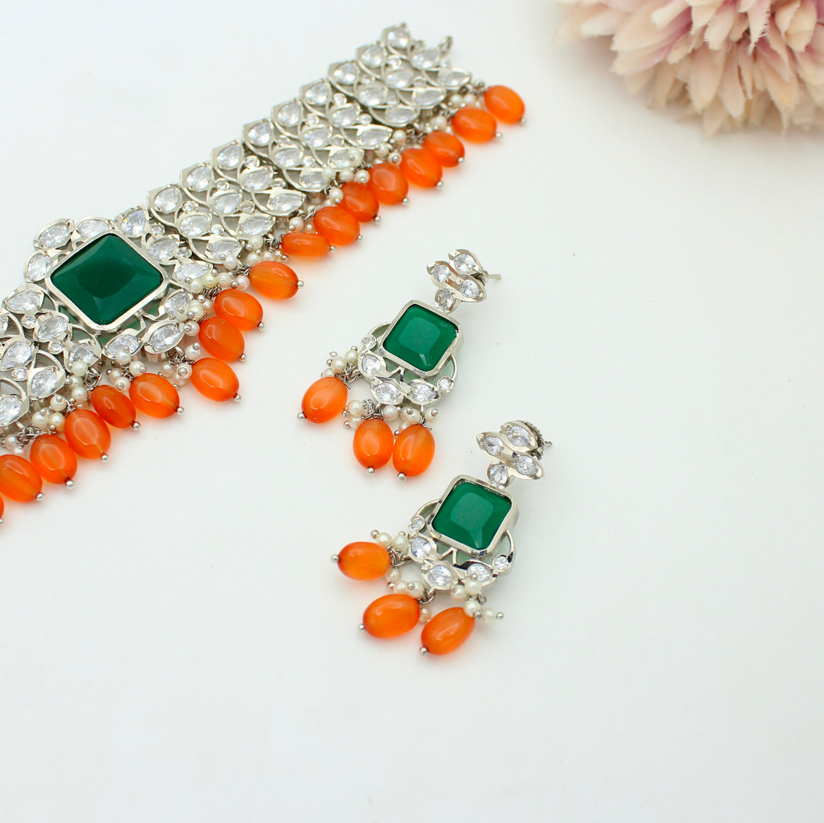 Platinum Green Stone Choker with Orange Beads & Pushback Earrings SP-1730