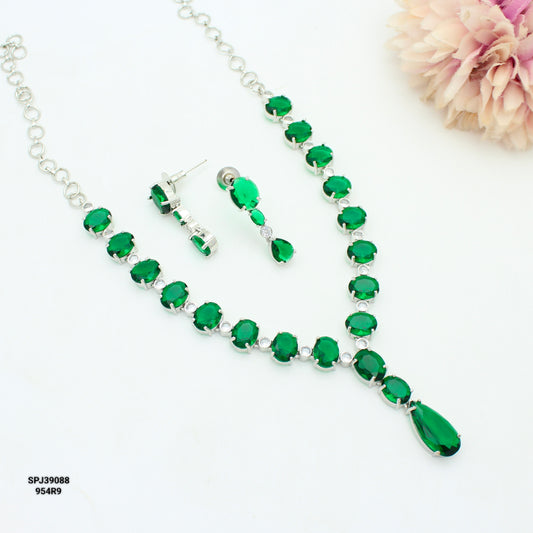Platinum Green Short Necklace Set with Pushback Earrings SP-39088