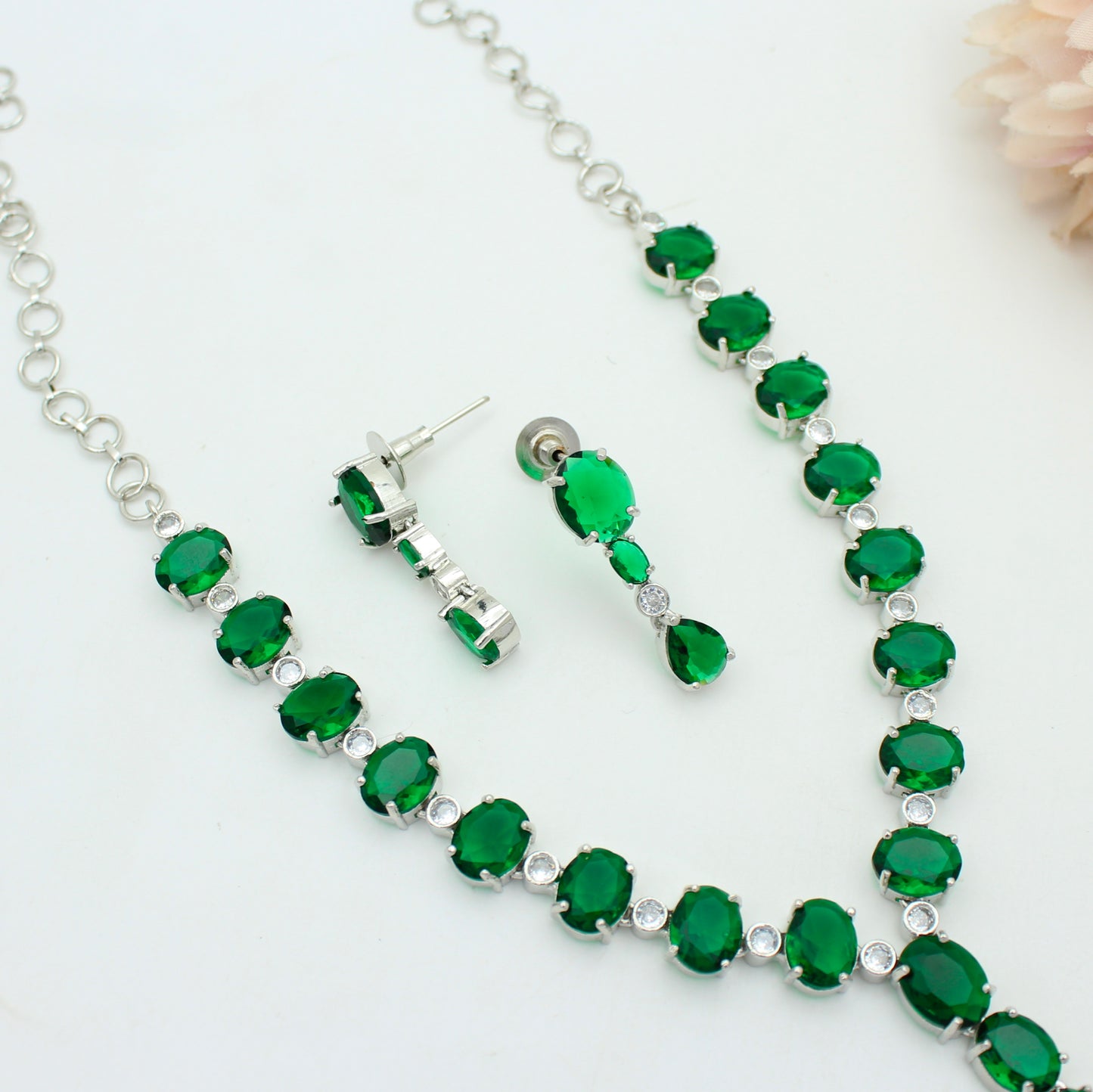 Platinum Green Short Necklace Set with Pushback Earrings SP-39088