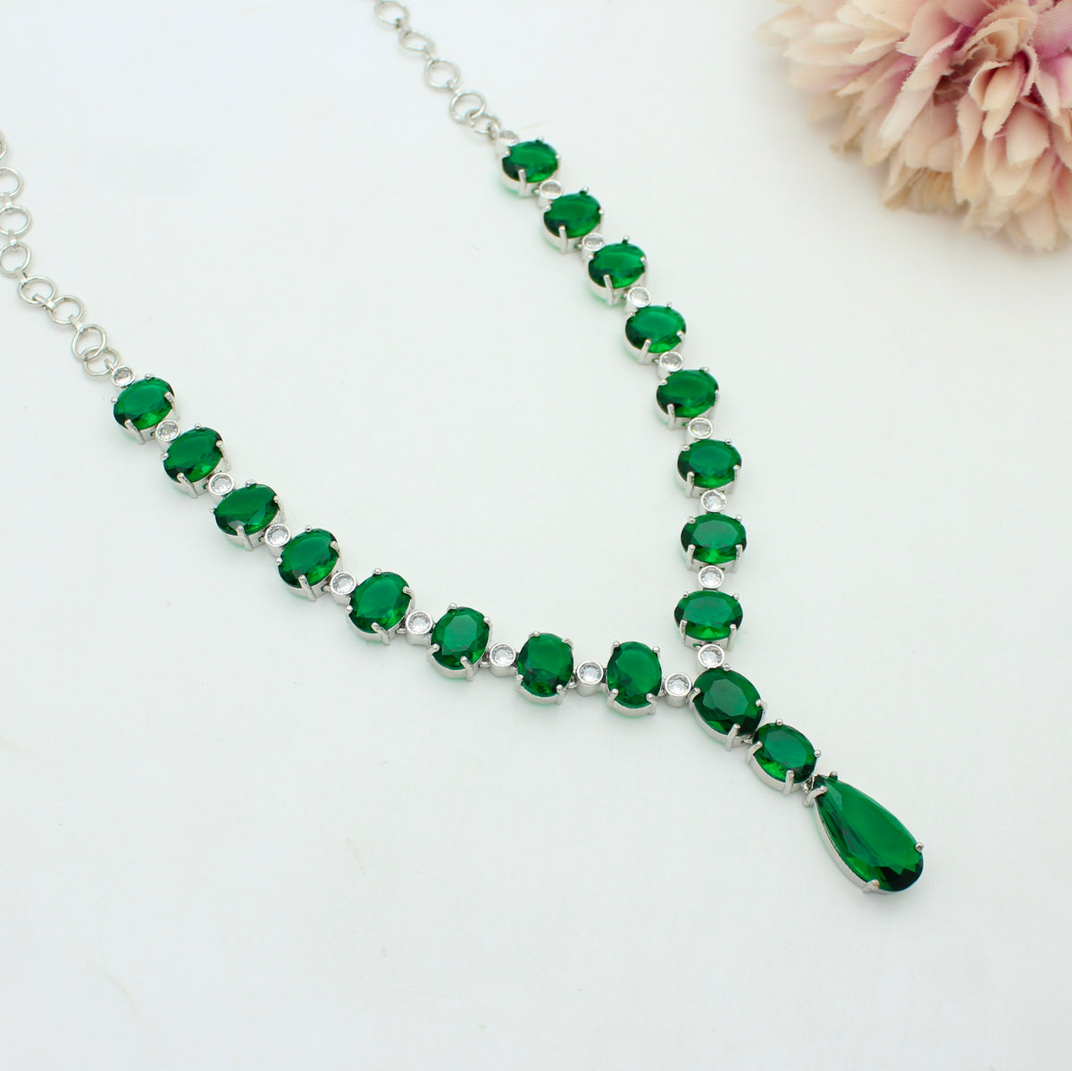 Platinum Green Short Necklace Set with Pushback Earrings SP-39088