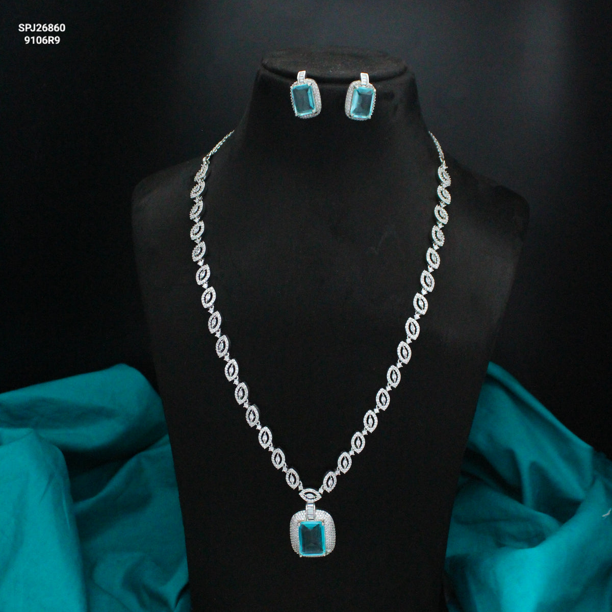 Platinum Sky Blue Square Stone Necklace SP-26860