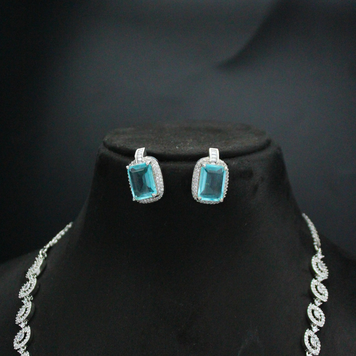 Platinum Sky Blue Square Stone Necklace SP-26860