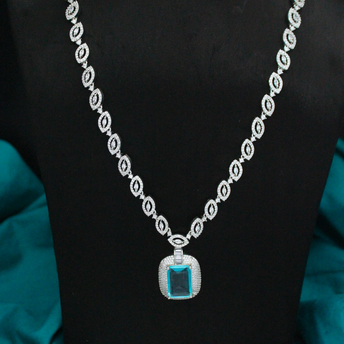 Platinum Sky Blue Square Stone Necklace SP-26860