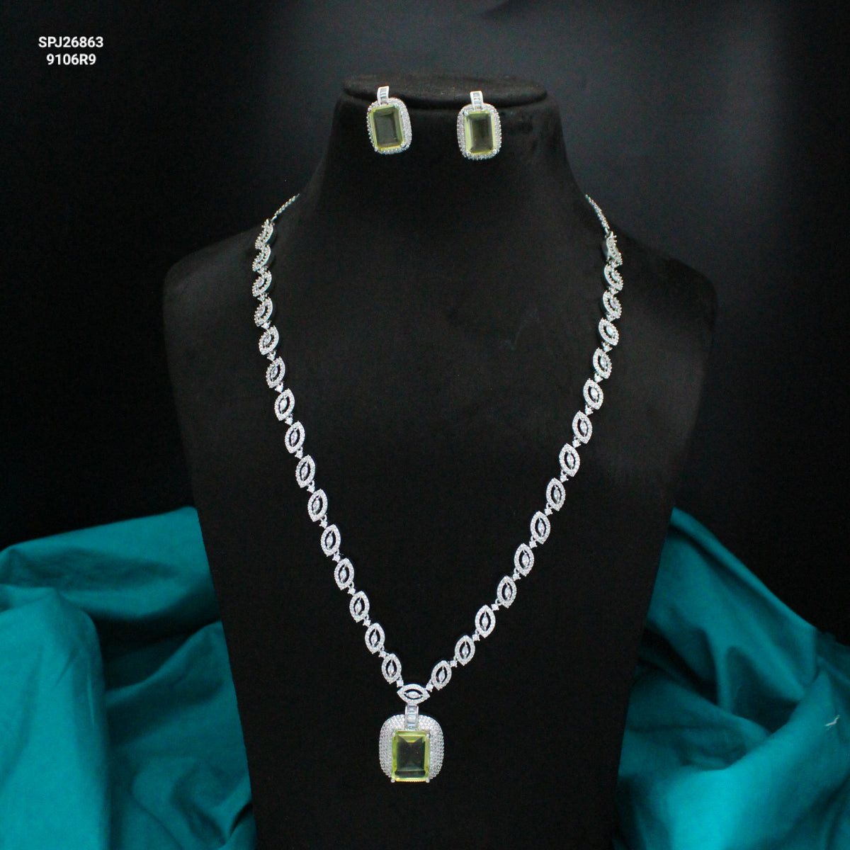 Platinum Parrot Green Square Stone Necklace SP-26863