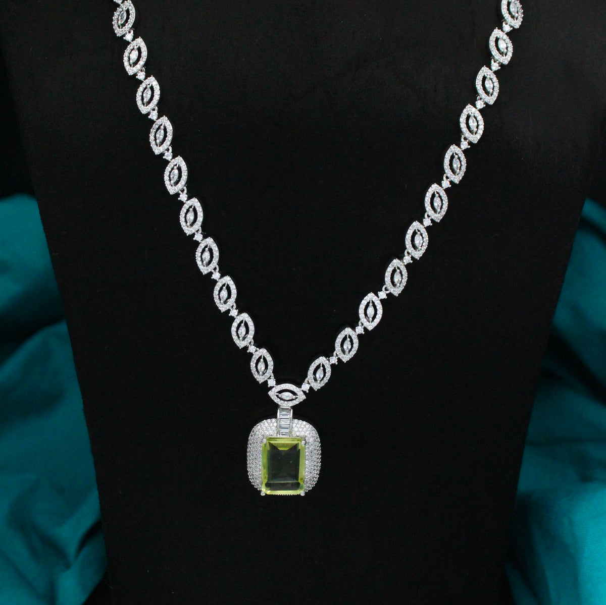 Platinum Parrot Green Square Stone Necklace SP-26863