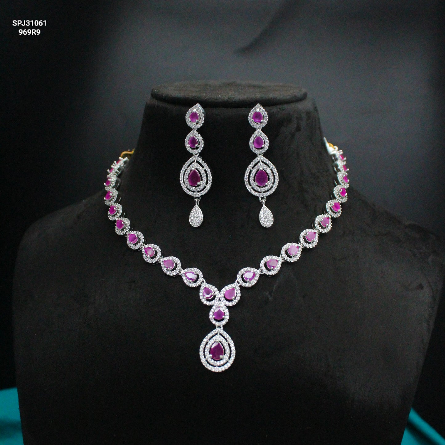 Platinum Dark Pink Drop Necklace Set SP-31061