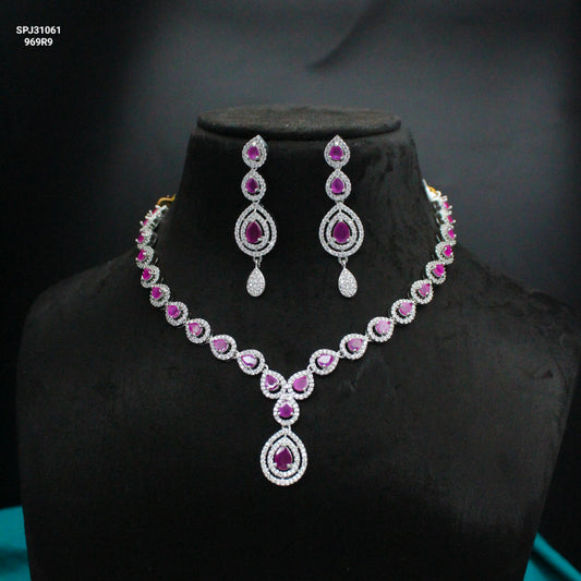 Platinum Dark Pink Drop Necklace Set SP-31061