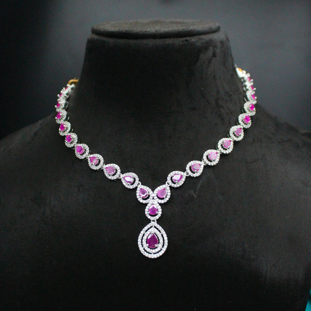 Platinum Dark Pink Drop Necklace Set SP-31061