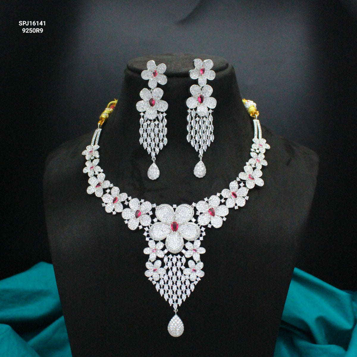 Platinum CZ Red Flower Short Necklace SP-16141