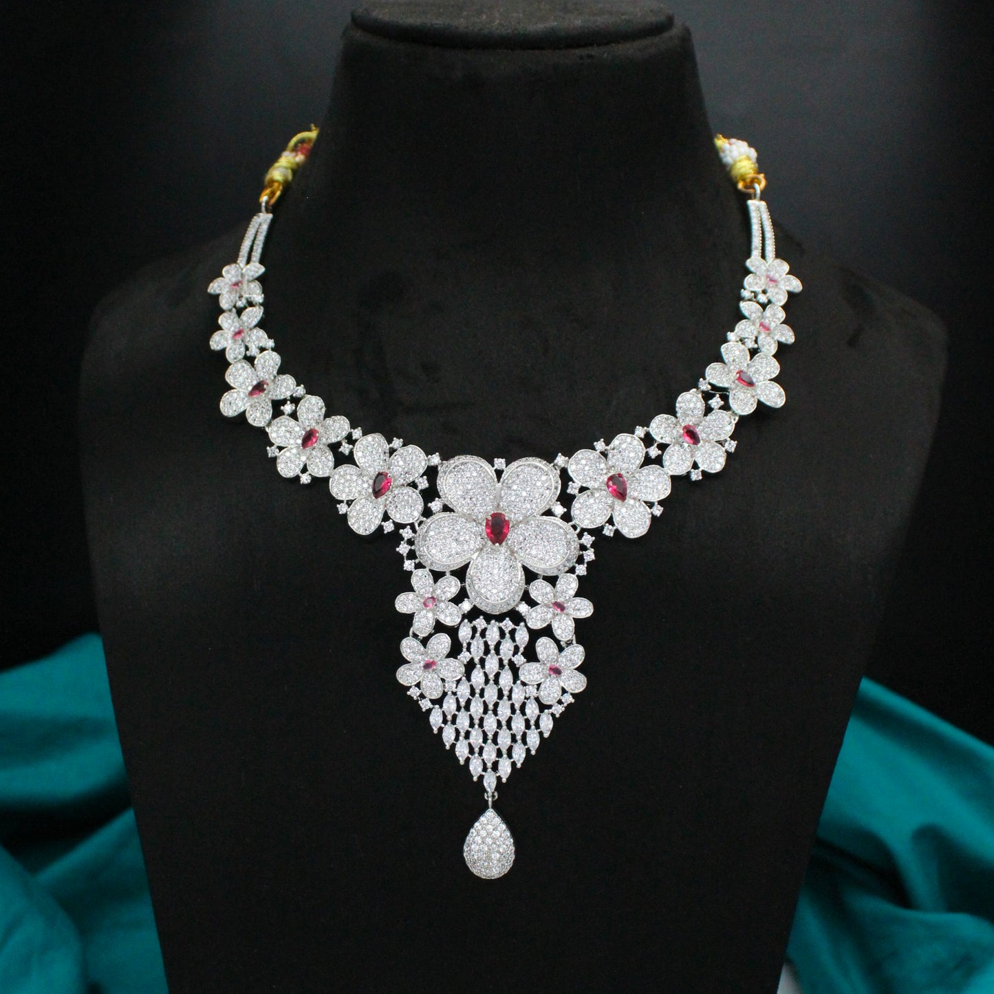 Platinum CZ Red Flower Short Necklace SP-16141