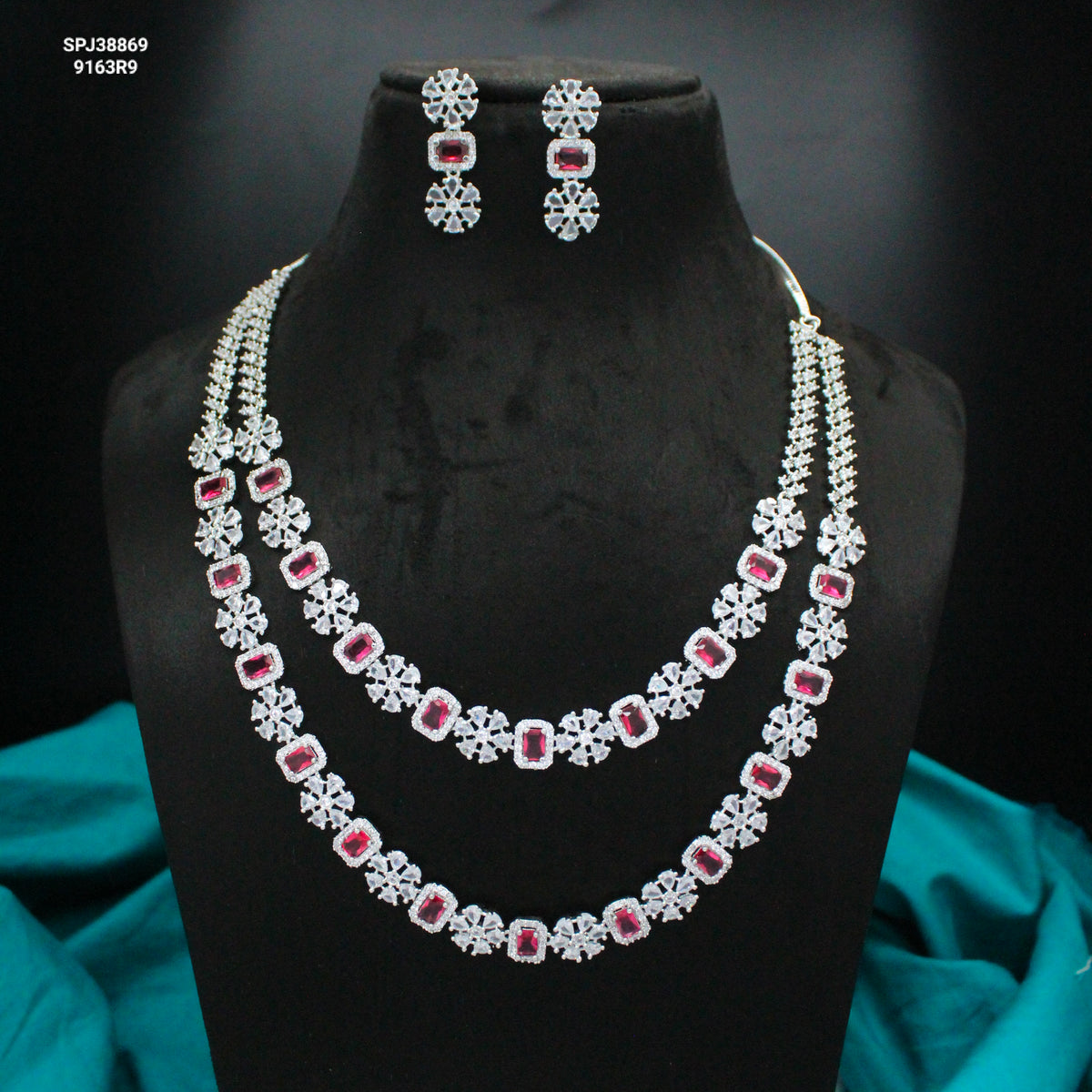 Ruby Double-Layer CZ Necklace Set with Earrings SP-38869
