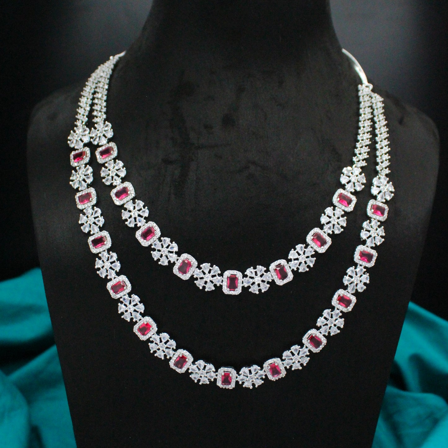 Ruby Double-Layer CZ Necklace Set with Earrings SP-38869