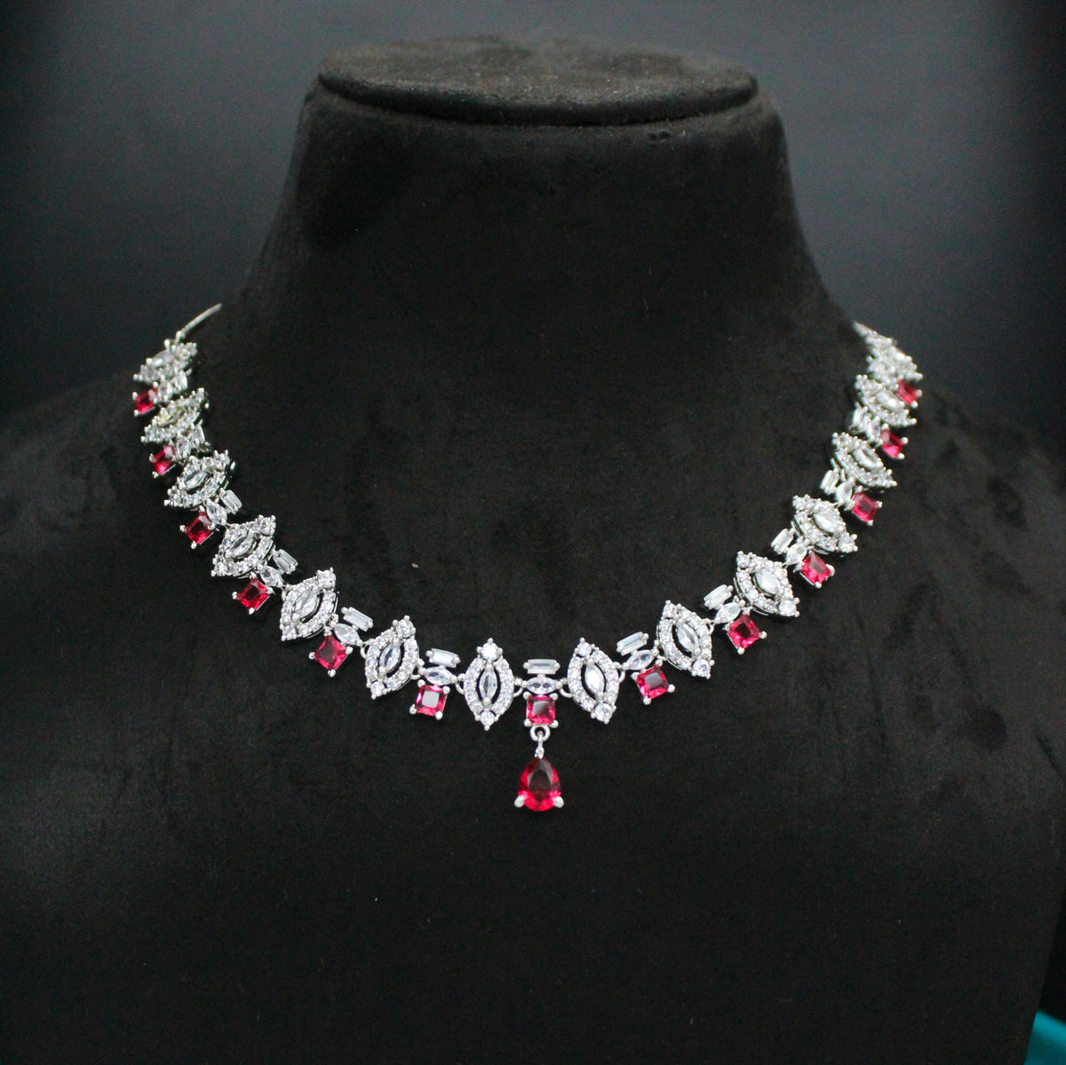 Platinum Red Stone Short Necklace Set SP-39469